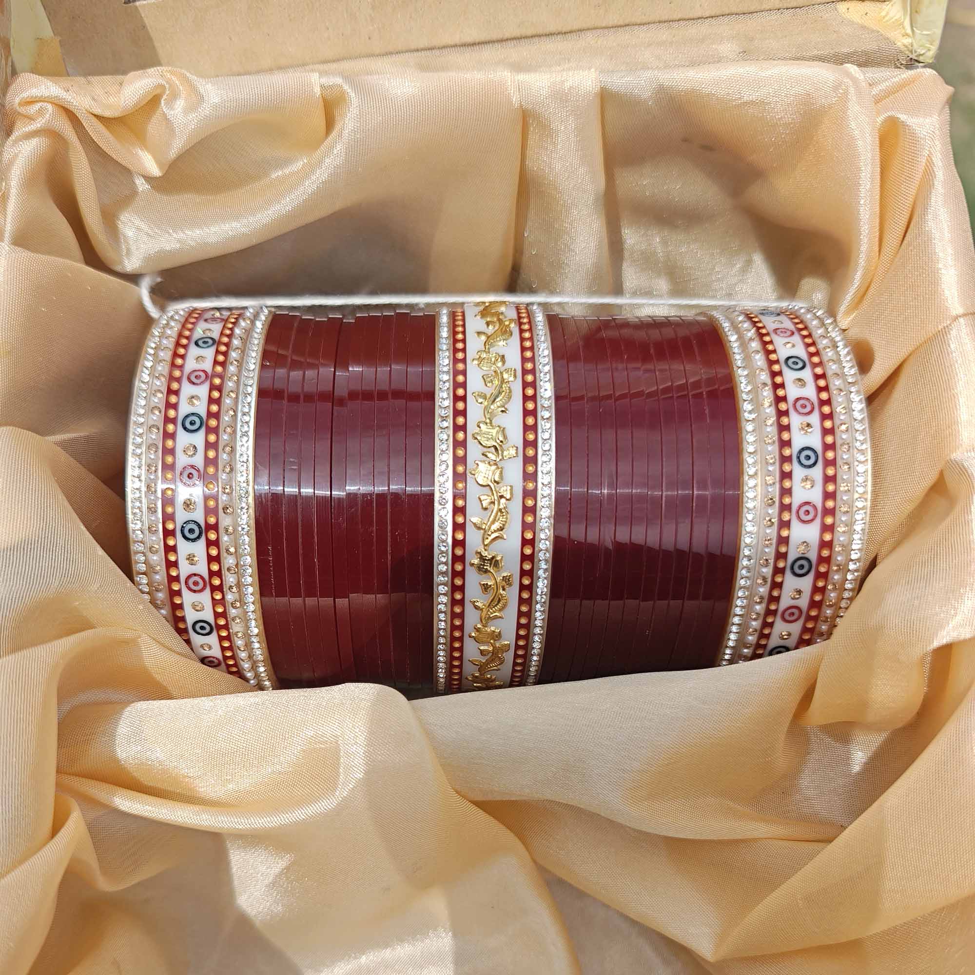 Maroon Bridal Chura Set with Golden Embellishments & Crystal Work | Traditional Punjabi Wedding Bangles